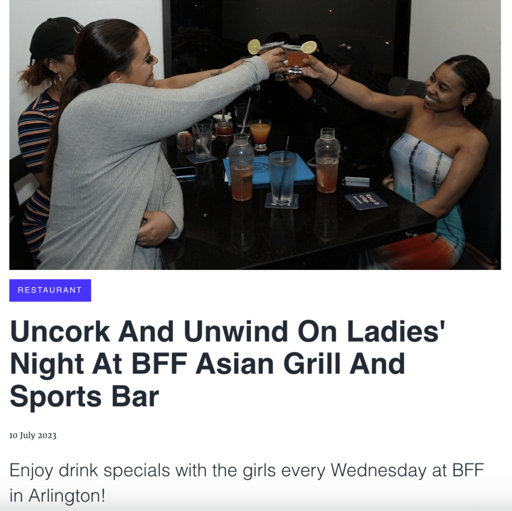 press release: Uncork And Unwind On Ladies' Night At BFF Asian Grill And Sports Bar