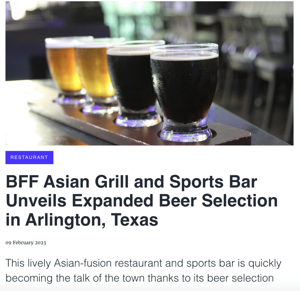 press release: BFF Asian Grill and Sports Bar Unveils Expanded Beer Selection in Arlington, Texas